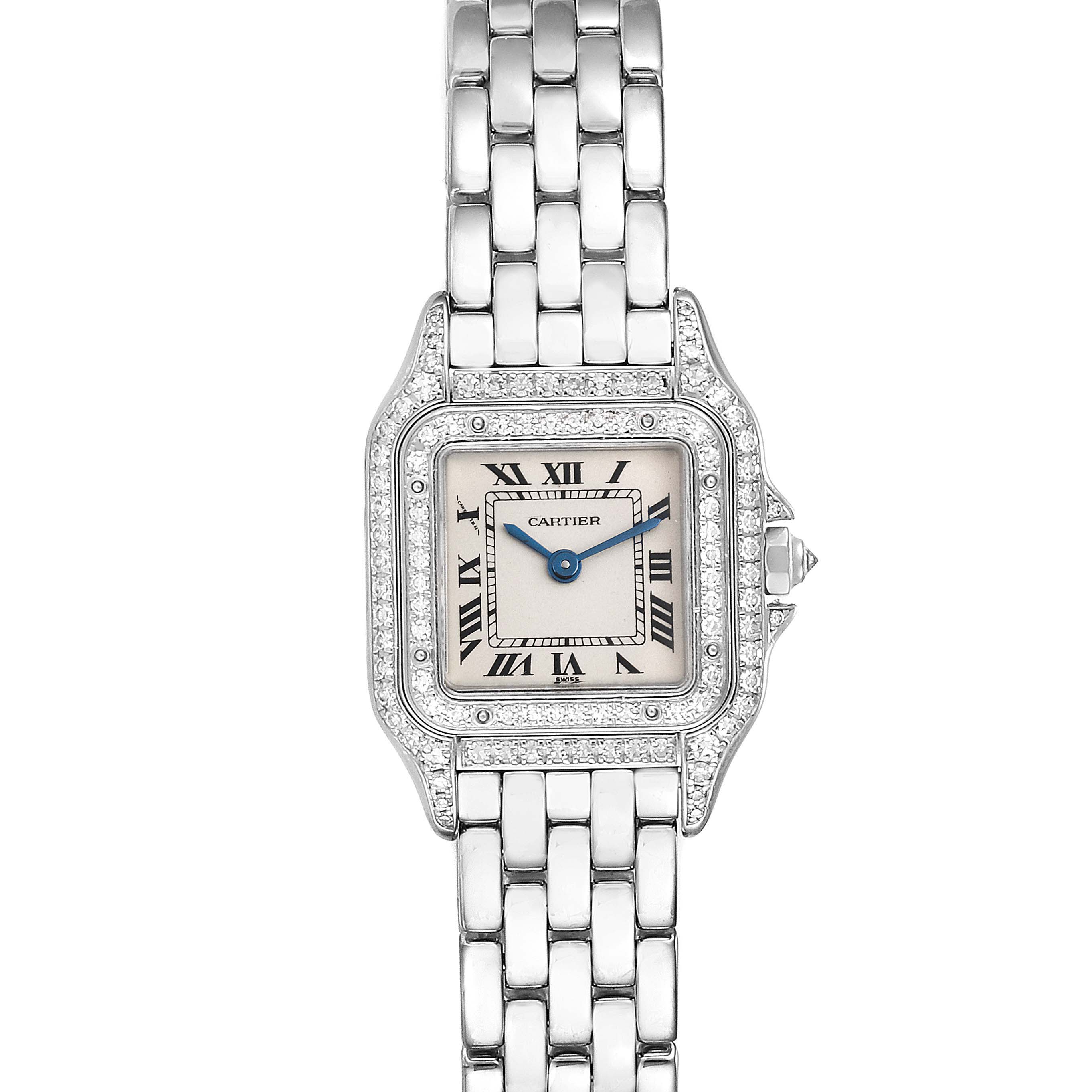 The image shows a front view of a Cartier Panthere 1660 Women's White Gold Silver Dial 1660 Women's White Gold Silver Dial watch, highlighting the dial, bezel, and bracelet.