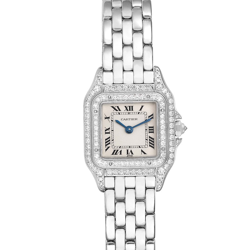 The image shows a front view of a Cartier Panthere 1660 Women's White Gold Silver Dial 1660 Women's White Gold Silver Dial watch, highlighting the dial, bezel, and bracelet.