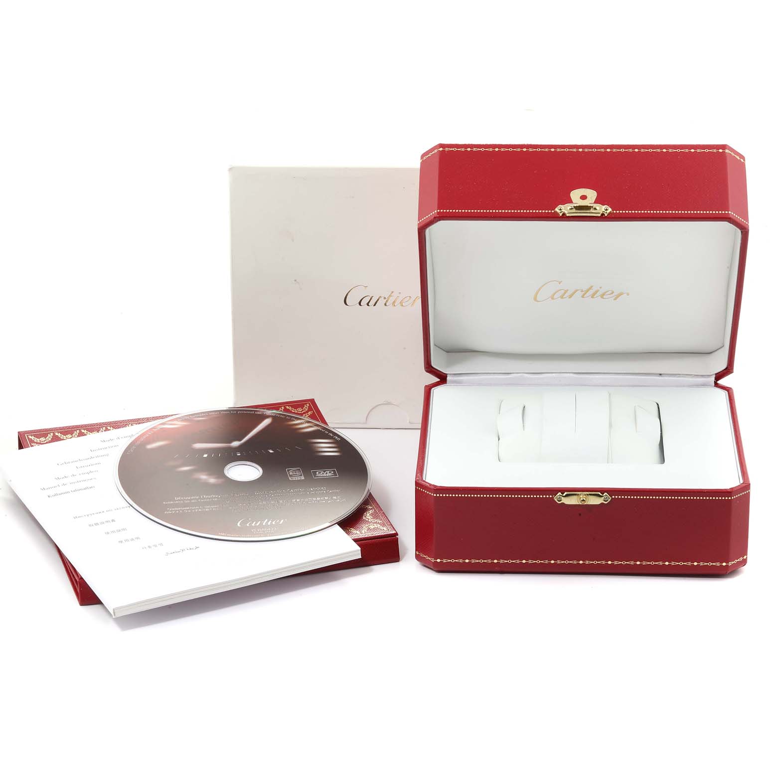 The image shows the box, booklet, and CD for the Cartier Panthere 1660 Women's White Gold Silver Dial 1660 Women's White Gold Silver Dial watch, with the box open and the booklet and CD placed next to it.