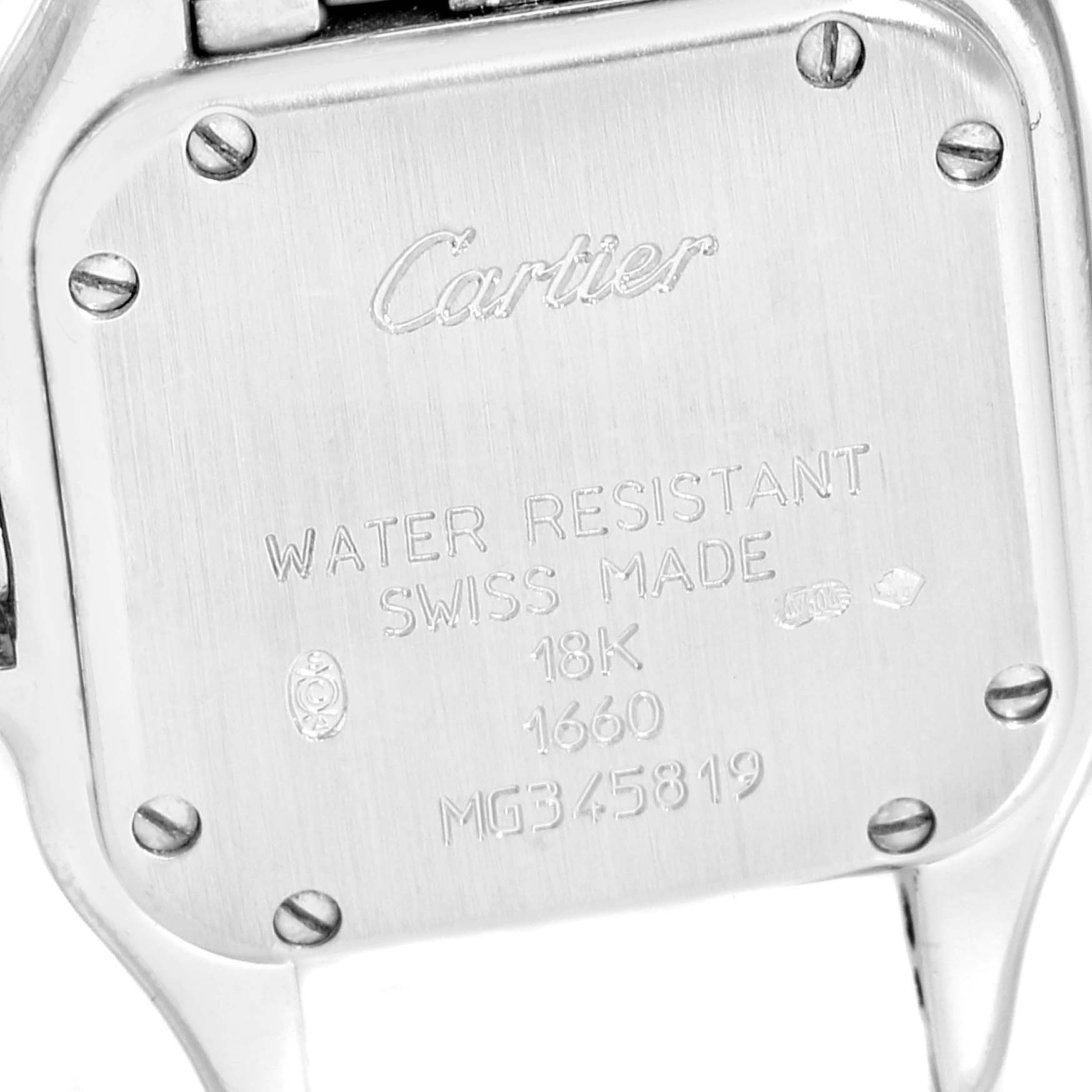 This image shows the back case of a Cartier Panthère watch, displaying its brand engraving, material, and serial number.