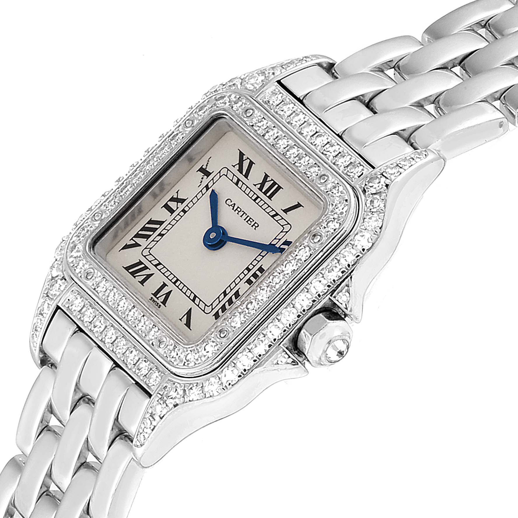 The Cartier Panthere 1660 Women's White Gold Silver Dial 1660 Women's White Gold Silver Dial model watch is shown at an angled close-up, highlighting its face, bezel, and part of its bracelet.