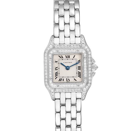 This image shows the front view of a Cartier Panthere 1660 Women's White Gold Silver Dial 1660 Women's White Gold Silver Dial watch, highlighting the face, bracelet, and diamond accents.