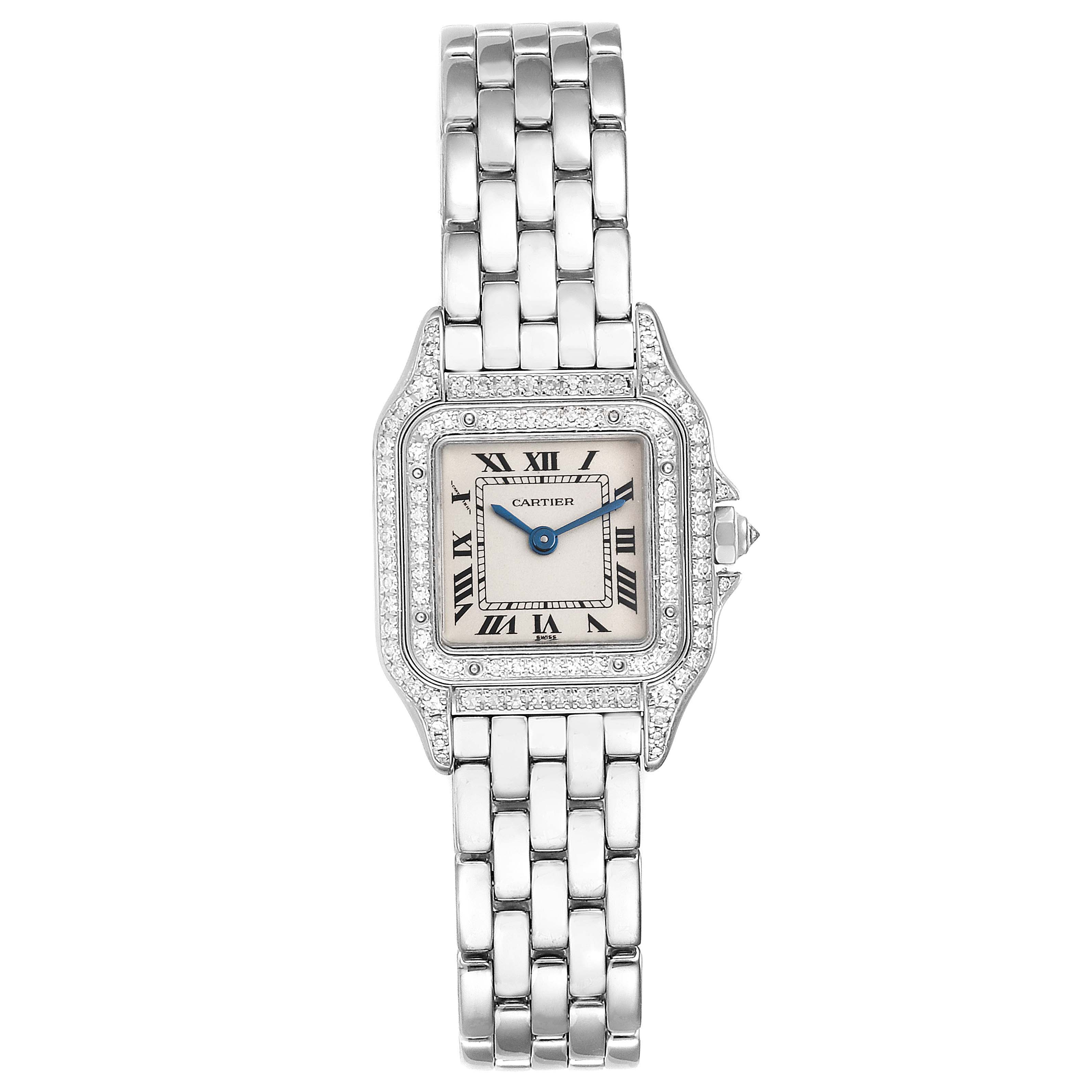 The image shows a top-down view of the Cartier Panthere 1660 Women's White Gold Silver Dial 1660 Women's White Gold Silver Dial watch, displaying its face, bezel, and bracelet.