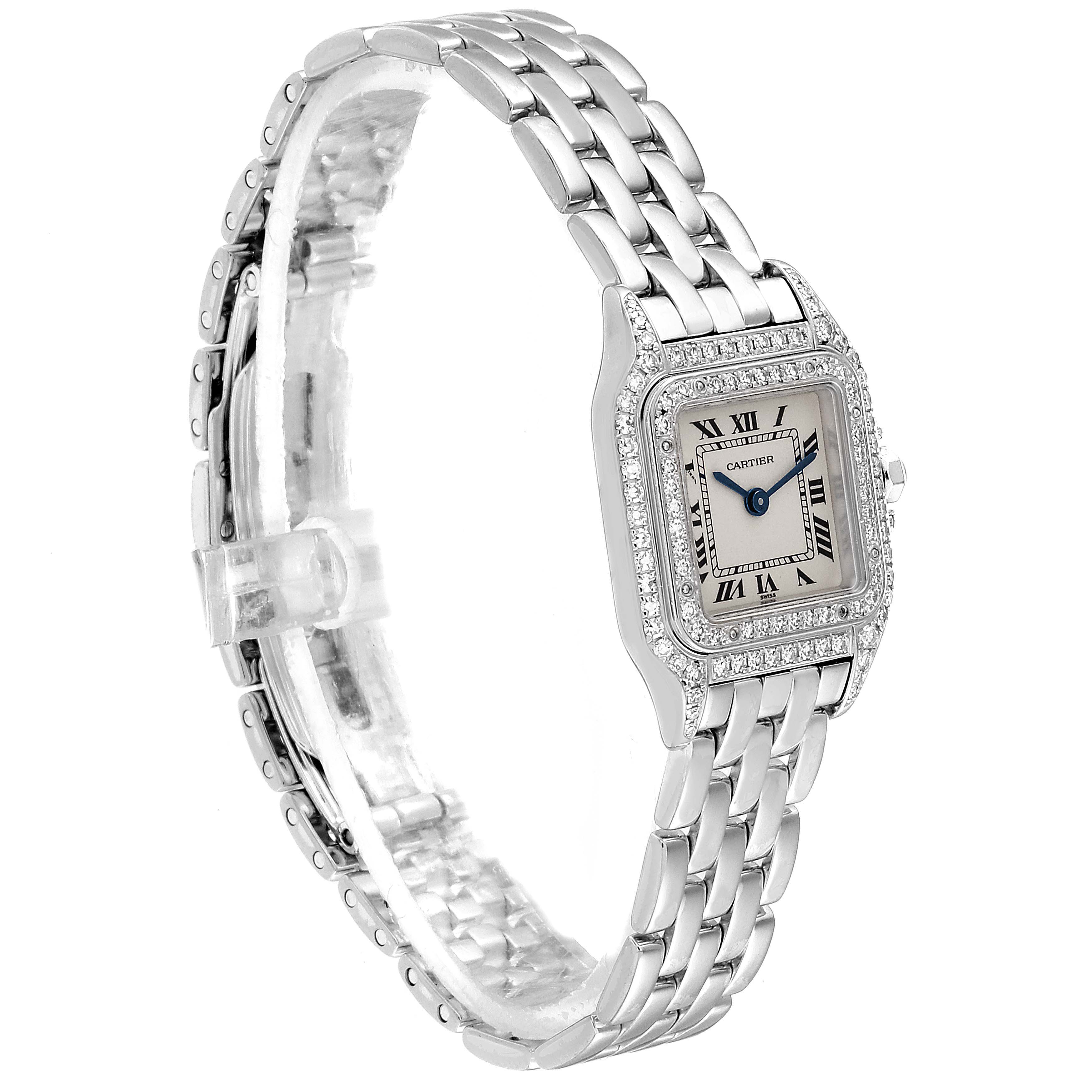 The image shows a side view of the Cartier Panthere 1660 Women's White Gold Silver Dial 1660 Women's White Gold Silver Dial watch, highlighting its bracelet, bezel, dial, and crown.