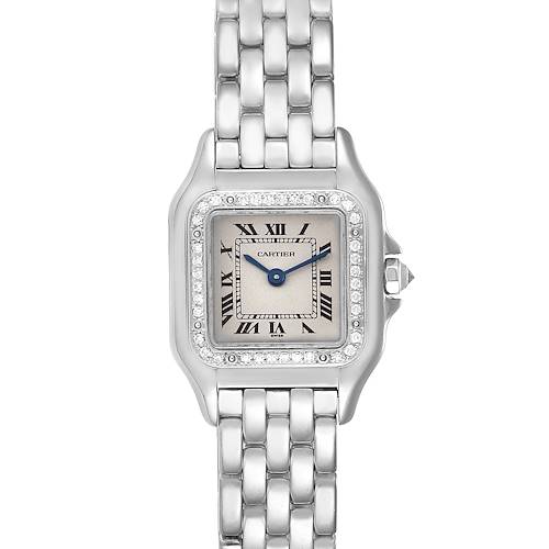 The image shows the Panthere watch model by Cartier from a front angle, highlighting the face, bezel, and part of the metal bracelet.