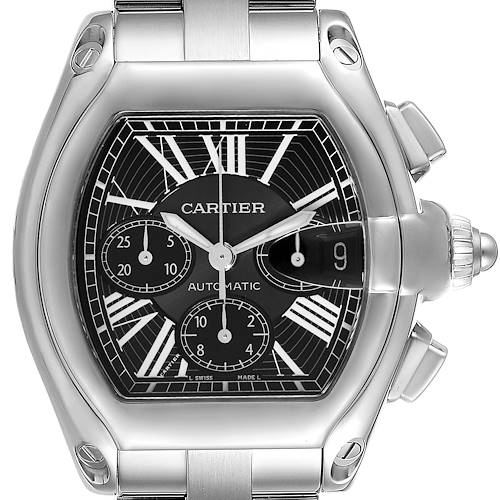 This image shows a frontal view of the Cartier Roadster W62020X6 Men's Stainless Steel Black Dial W62020X6 Men's Stainless Steel Black Dial watch, highlighting the dial, crown, and pushers.