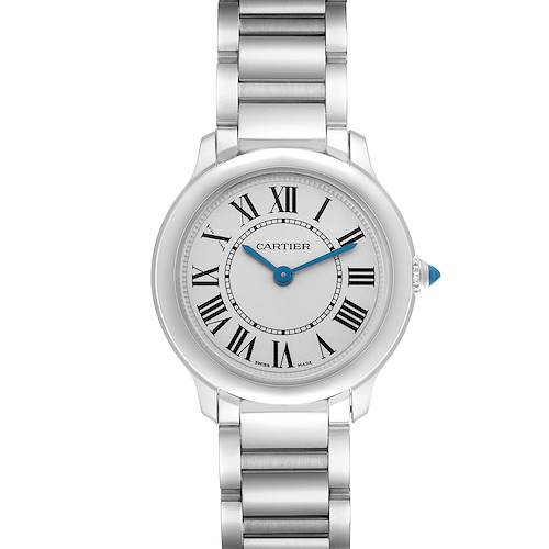 The Cartier Ronde WSRN0033 Women's Stainless Steel Silver Dial WSRN0033 Women's Stainless Steel Silver Dial watch is shown from a front view, displaying the face, Roman numerals, hands, and part of the metal bracelet.