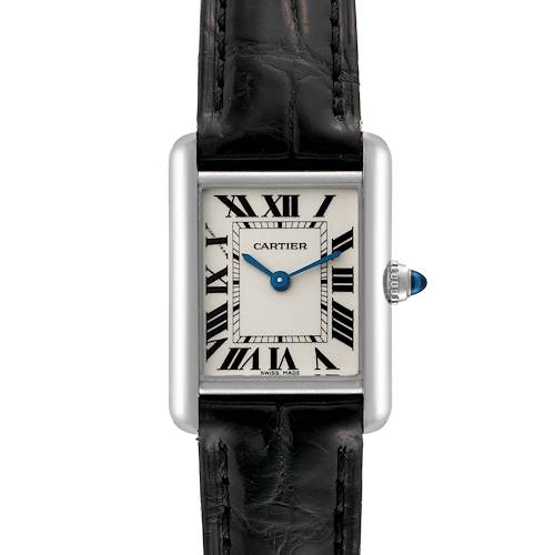The image shows a front view of the Cartier Tank Louis W1541056 Women's White Gold Silver Dial W1541056 Women's White Gold Silver Dial watch, highlighting its face, strap, and crown.