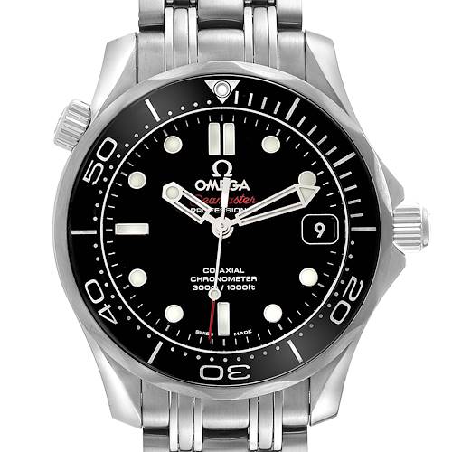This image shows a front view of an Omega Seamaster 212.30.36.20.01.002 Men's Stainless Steel Black Dial 212.30.36.20.01.002 Men's Stainless Steel Black Dial watch, highlighting the bezel, dial, and bracelet.