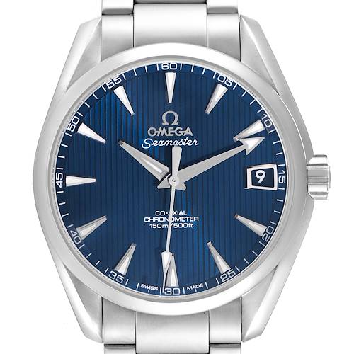 The image shows a front view of the Omega Aqua Terra 231.10.39.21.03.001 Men's Stainless Steel Blue Dial 231.10.39.21.03.001 Men's Stainless Steel Blue Dial watch, highlighting the dial, bezel, case, and part of the bracelet.