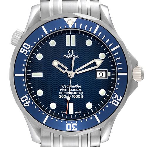 This image shows a front view of the Omega Seamaster 2531.80.00 Men's Stainless Steel Blue Dial 2531.80.00 Men's Stainless Steel Blue Dial Professional Chronometer watch, highlighting the dial, bezel, and bracelet.