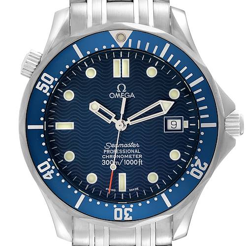 The image shows a front view of the Omega Seamaster 2531.80.00 Men's Stainless Steel Blue Dial 2531.80.00 Men's Stainless Steel Blue Dial watch, highlighting its blue dial, bezel, date, and stainless steel bracelet.