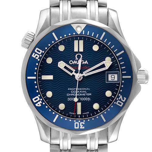 The Omega Seamaster 2222.80.00 Men's Stainless Steel Blue Dial 2222.80.00 Men's Stainless Steel Blue Dial watch is shown from the front, displaying the dial, bezel, crown, and part of the bracelet.