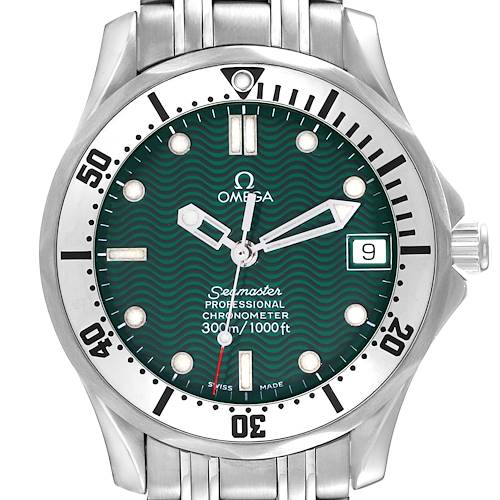 The image shows a front view of the Omega Seamaster 2553.41.00 Men's Stainless Steel Green Dial 2553.41.00 Men's Stainless Steel Green Dial watch, displaying the dial, bezel, and part of the bracelet.