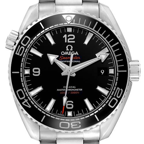 The Omega Planet Ocean 215.30.44.21.01.001 Men's Stainless Steel Black Dial 215.30.44.21.01.001 Men's Stainless Steel Black Dial watch is shown from the front, highlighting the bezel, dial, and date window.