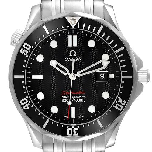The image shows a frontal view of an Omega Seamaster 212.30.41.61.01.001 Men's Stainless Steel Black Dial 212.30.41.61.01.001 Men's Stainless Steel Black Dial watch, highlighting the black dial, bezel, and stainless steel bracelet.