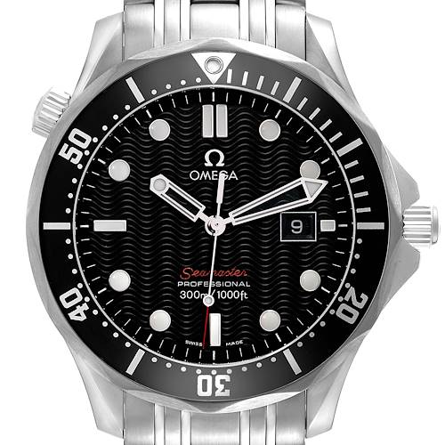 The image shows a front view of an Omega Seamaster 212.30.41.61.01.001 Men's Stainless Steel Black Dial 212.30.41.61.01.001 Men's Stainless Steel Black Dial watch, highlighting its dial, bezel, and part of the strap.