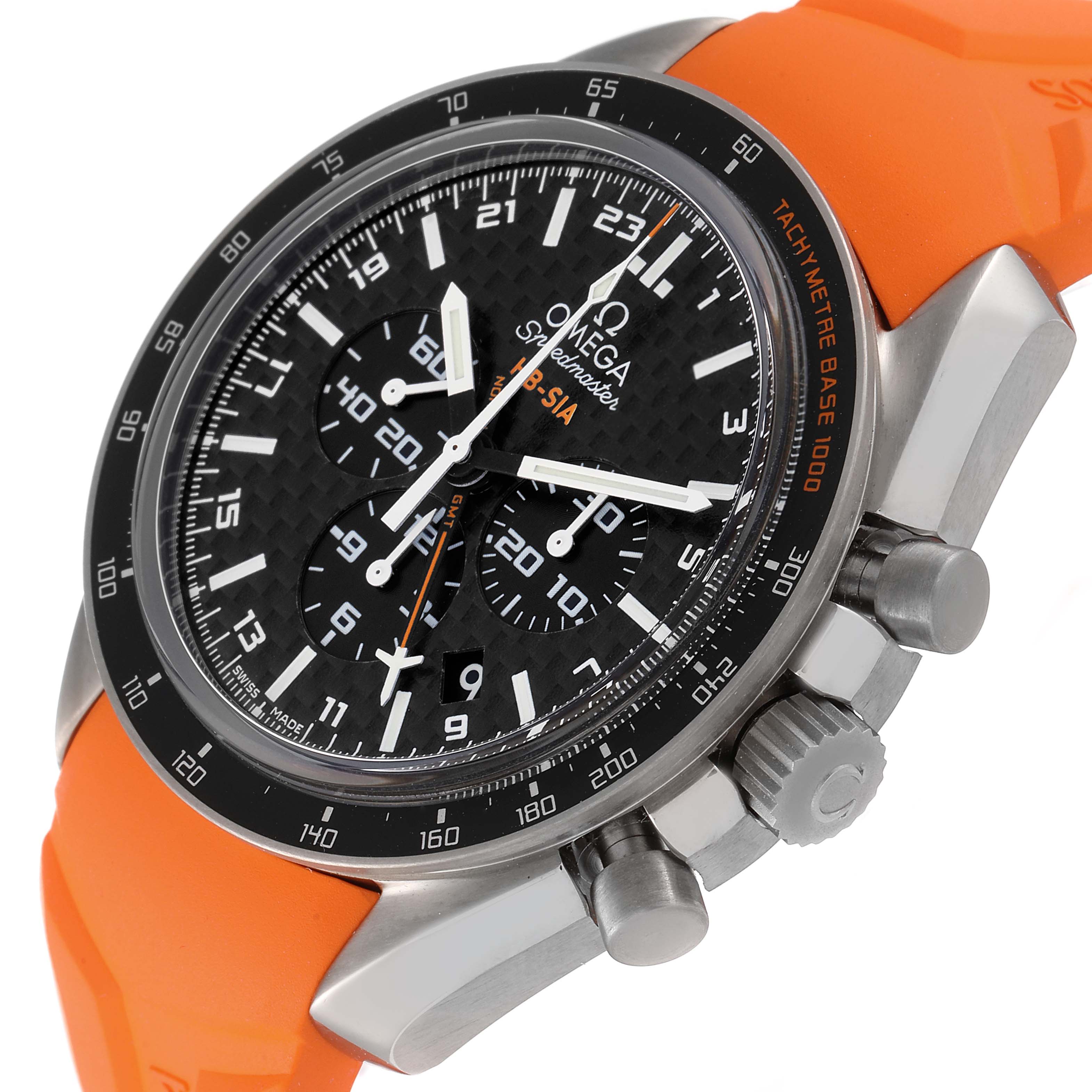 The Omega Speedmaster 321.92.44.52.01.003 Men's Titanium Black Dial 321.92.44.52.01.003 Men's Titanium Black Dial watch is shown at a tilted angle, highlighting the bezel, chronograph dials, crown, and orange strap.