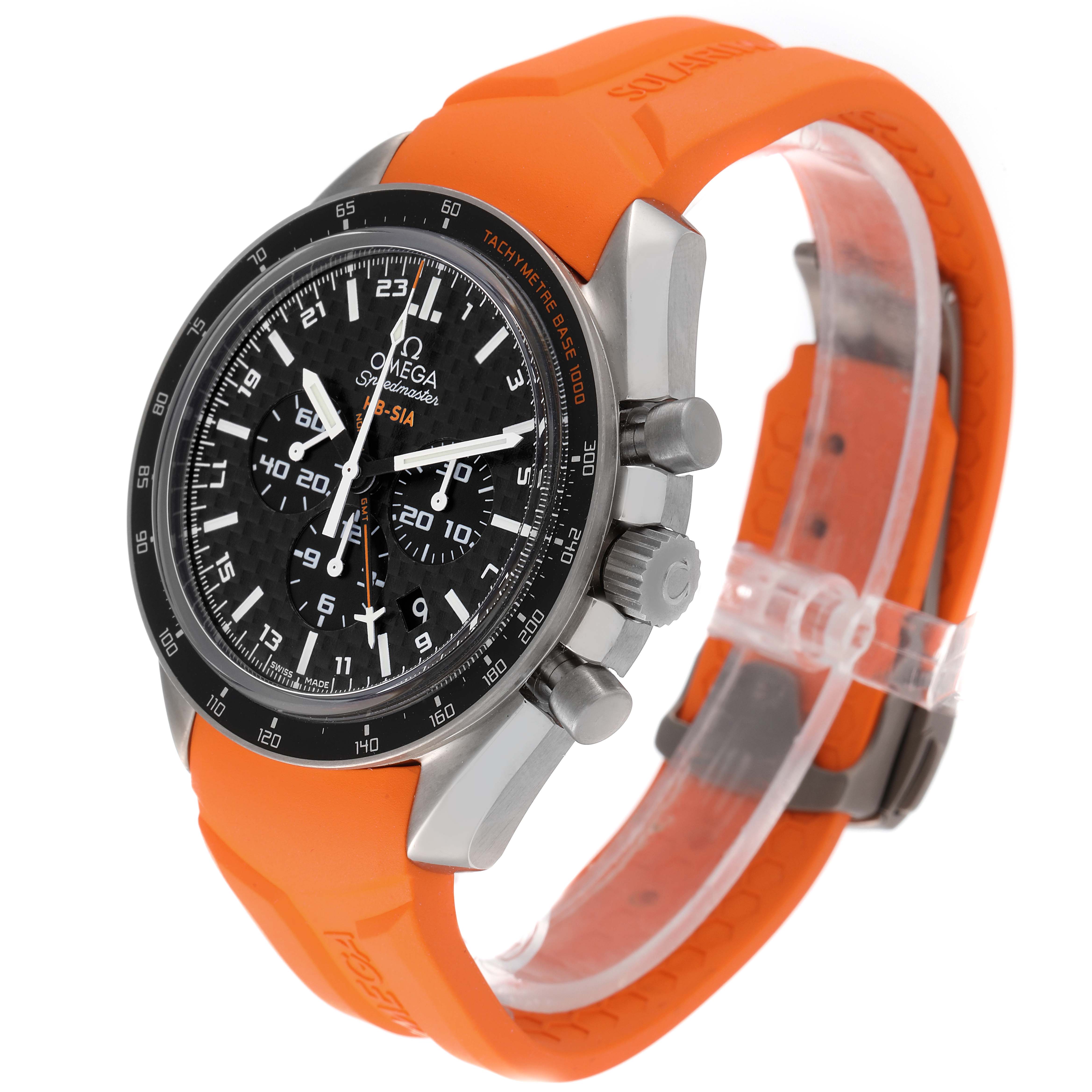 The image shows an Omega Speedmaster 321.92.44.52.01.003 Men's Titanium Black Dial 321.92.44.52.01.003 Men's Titanium Black Dial watch with an orange strap, viewed from an angle displaying the face, bezel, and side pushers.