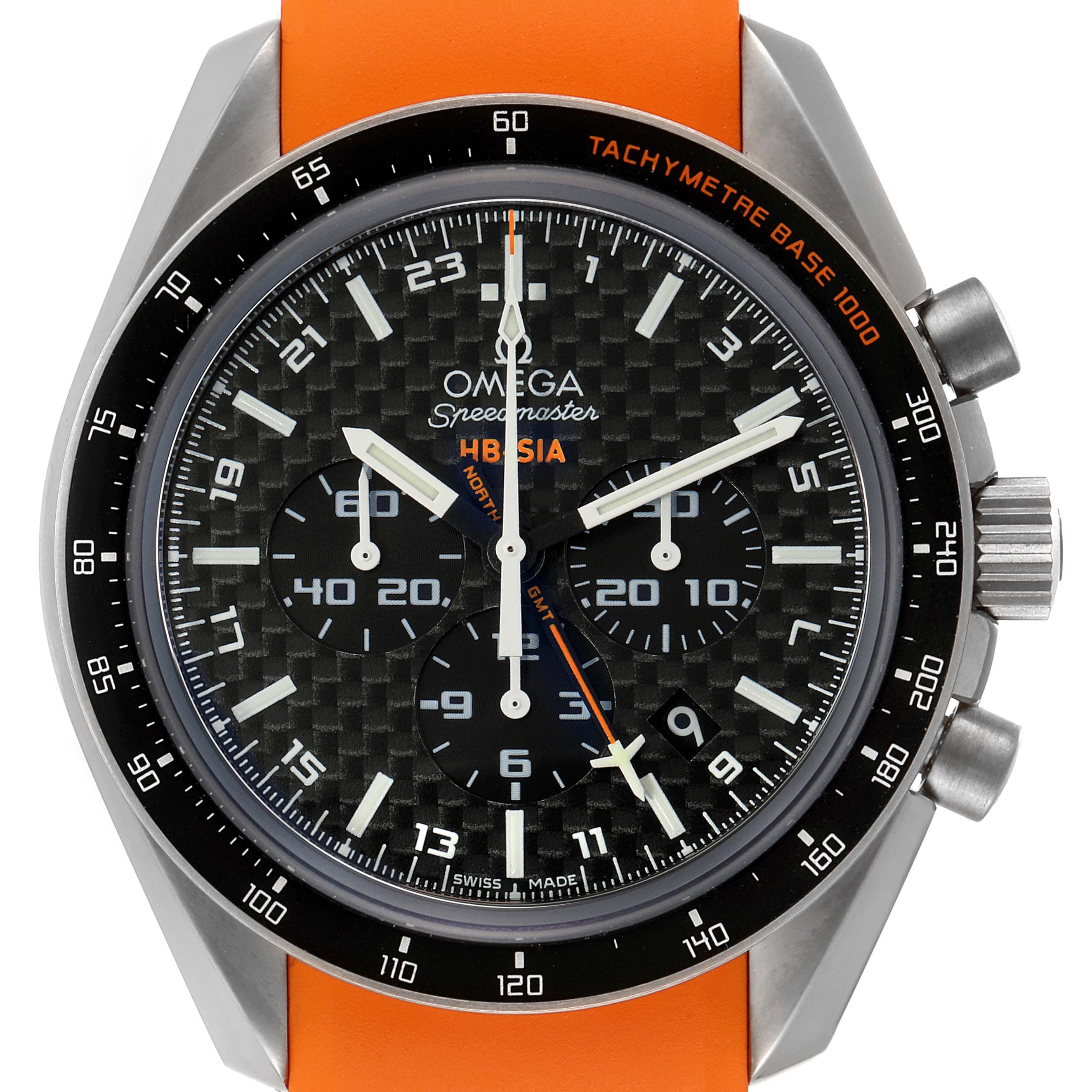The image shows a frontal view of the dial and bezel of an Omega Speedmaster 321.92.44.52.01.003 Men's Titanium Black Dial 321.92.44.52.01.003 Men's Titanium Black Dial watch with an orange strap.