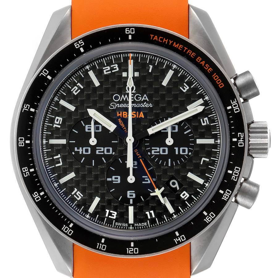 The image shows a frontal view of the dial and bezel of an Omega Speedmaster 321.92.44.52.01.003 Men's Titanium Black Dial 321.92.44.52.01.003 Men's Titanium Black Dial watch with an orange strap.