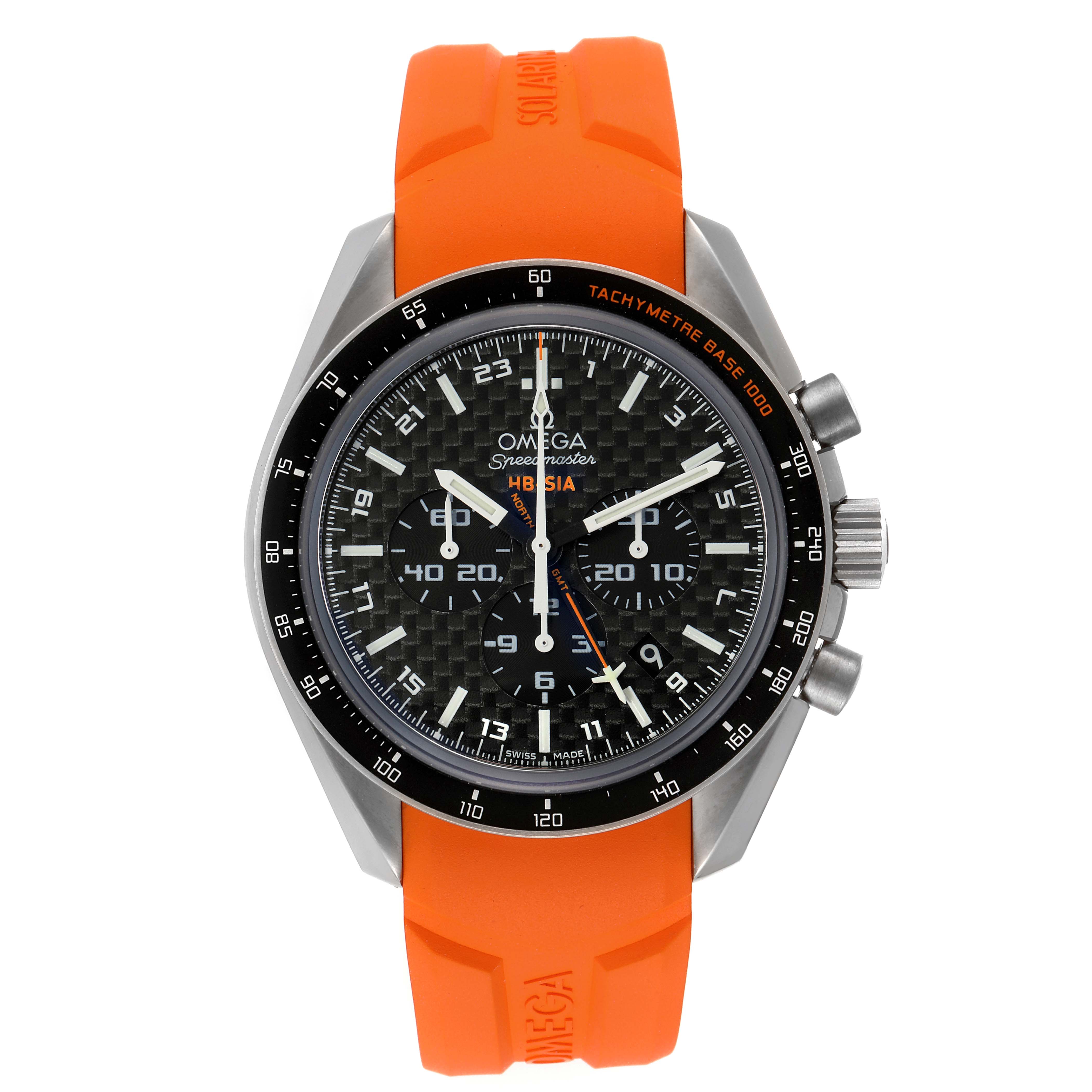 The image shows an Omega Speedmaster 321.92.44.52.01.003 Men's Titanium Black Dial 321.92.44.52.01.003 Men's Titanium Black Dial watch with an orange strap, black dial, and tachymeter bezel, viewed from the front.