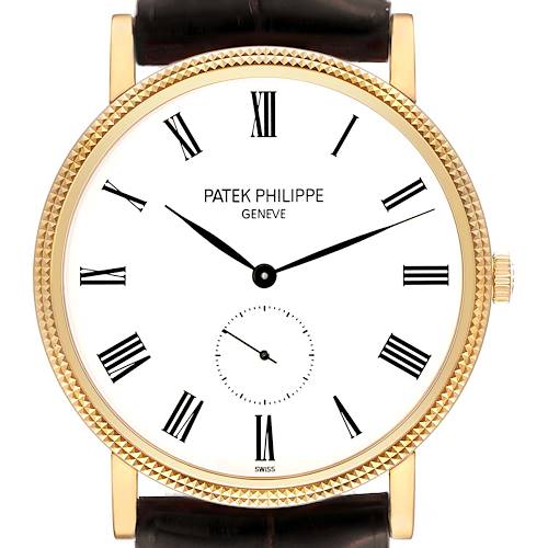 The image shows a front view of a Patek Philippe Calatrava 5119J Men's Yellow Gold White Dial 5119J Men's Yellow Gold White Dial watch featuring Roman numerals and a leather strap.