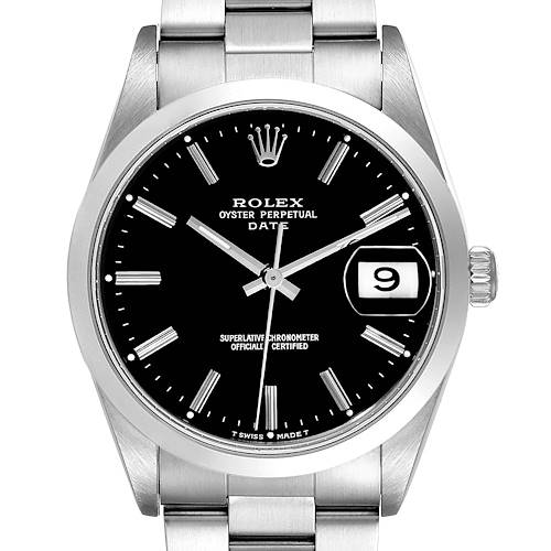 The image shows a front view of the Rolex Oyster Perpetual Date watch, highlighting the dial, hands, and bracelet.