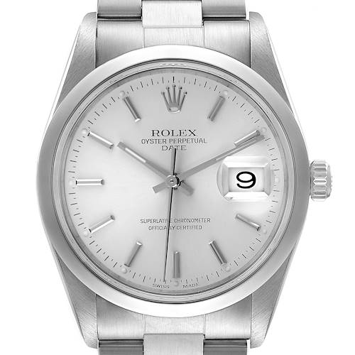 This image shows a front view of a Rolex Date 15200 Men's Stainless Steel Silver Dial 15200 Men's Stainless Steel Silver Dial watch, highlighting the dial, hands, date window, and bracelet.