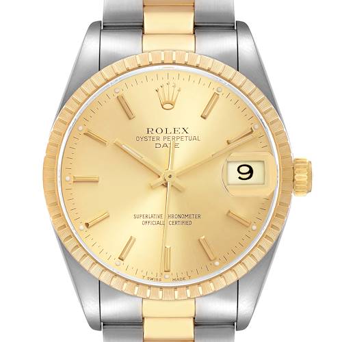 The Rolex Date 15223 Men's Steel and Gold (two tone) Champagne Dial 15223 Men's Steel and Gold (two tone) Champagne Dial model watch is shown from a front angle, highlighting the dial, bezel, hands, indices, and bracelet.
