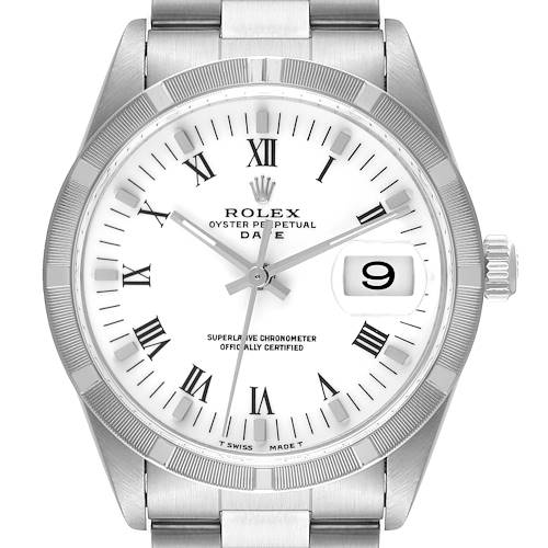 The Rolex Date 15210 Men's Stainless Steel White Dial 15210 Men's Stainless Steel White Dial model watch is shown from a front angle, displaying the dial, bezel, hands, and bracelet.