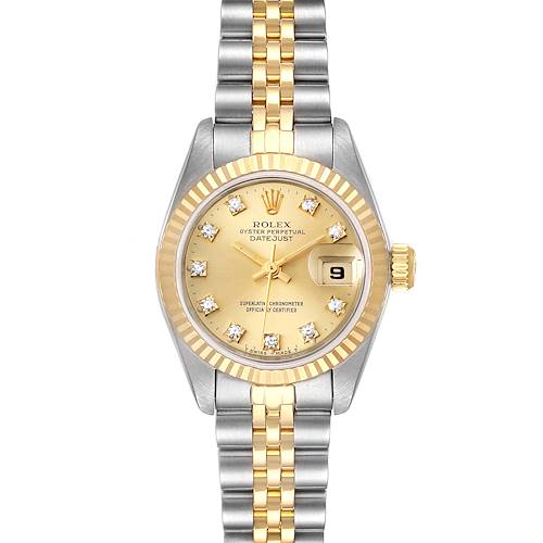 This image shows a front view of a Rolex Datejust 69173 Women's Steel and Gold (two tone) Champagne Dial 69173 Women's Steel and Gold (two tone) Champagne Dial watch, highlighting the dial, hands, crown, and bracelet.