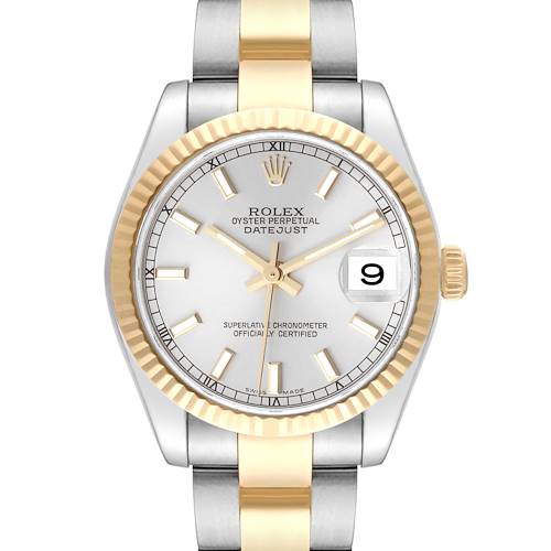 This image shows a front view of the Rolex Datejust Mid-Size watch, highlighting the dial, bezel, and bracelet.
