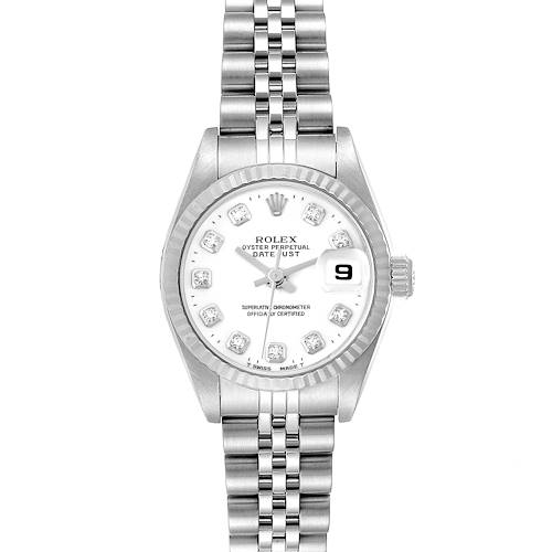 This image shows a Rolex Datejust 79174 Women's Stainless Steel White Dial 79174 Women's Stainless Steel White Dial watch from a front angle, highlighting the dial, bezel, crown, and bracelet.