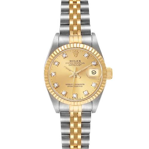 The Rolex Datejust 69173 Women's Steel and Gold (two tone) Champagne Dial 69173 Women's Steel and Gold (two tone) Champagne Dial watch is shown from a top-down angle, highlighting the dial, bezel, and bracelet.