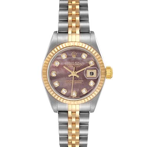 The Rolex Datejust 79173 Women's Steel and Gold (two tone) Mother of Pearl Dial 79173 Women's Steel and Gold (two tone) Mother of Pearl Dial watch is shown from a top view, displaying the face, bezel, crown, and two-tone bracelet.