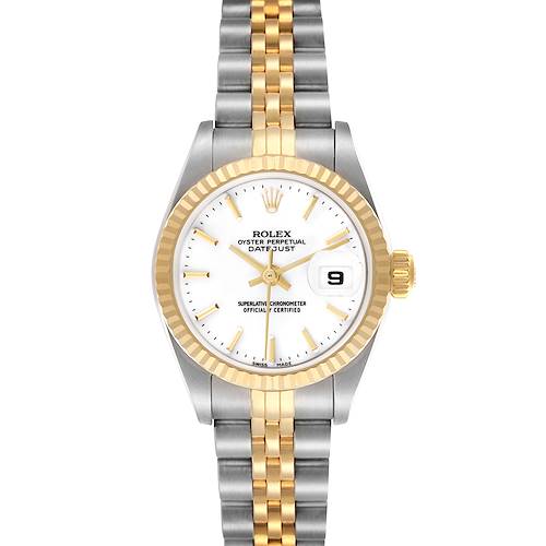 The Rolex Datejust 79173 Women's Steel and Gold (two tone) White Dial 79173 Women's Steel and Gold (two tone) White Dial watch is shown from the front, displaying the dial, bracelet, and bezel.