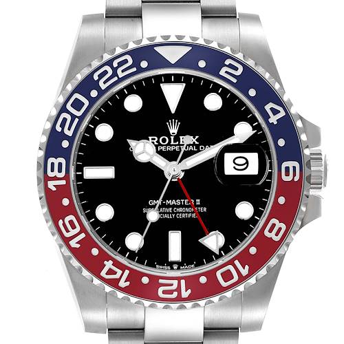 The Rolex GMT-Master 126710BLRO Men's Stainless Steel Black Dial 126710BLRO Men's Stainless Steel Black Dial watch is shown from a front angle, displaying the bezel, dial, hands, and date window.