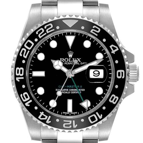 Front view of a Rolex GMT-Master 116710 Men's Stainless Steel Black Dial 116710 Men's Stainless Steel Black Dial watch, displaying the face, bezel, crown, and part of the bracelet.
