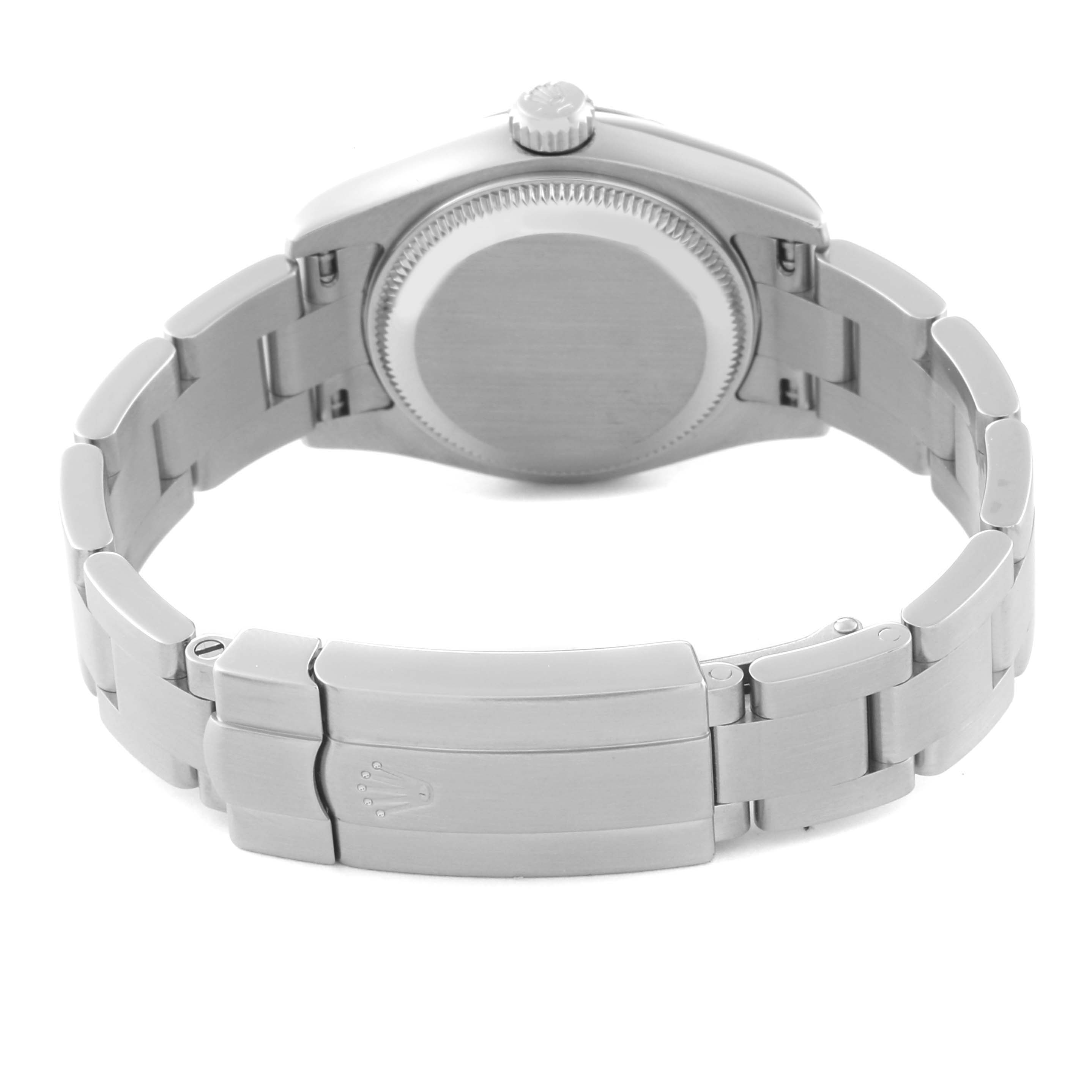 The image shows a rear view of a Rolex Oyster Perpetual 176210 Women's Stainless Steel Silver Dial 176210 Women's Stainless Steel Silver Dial watch, highlighting the bracelet and case back.