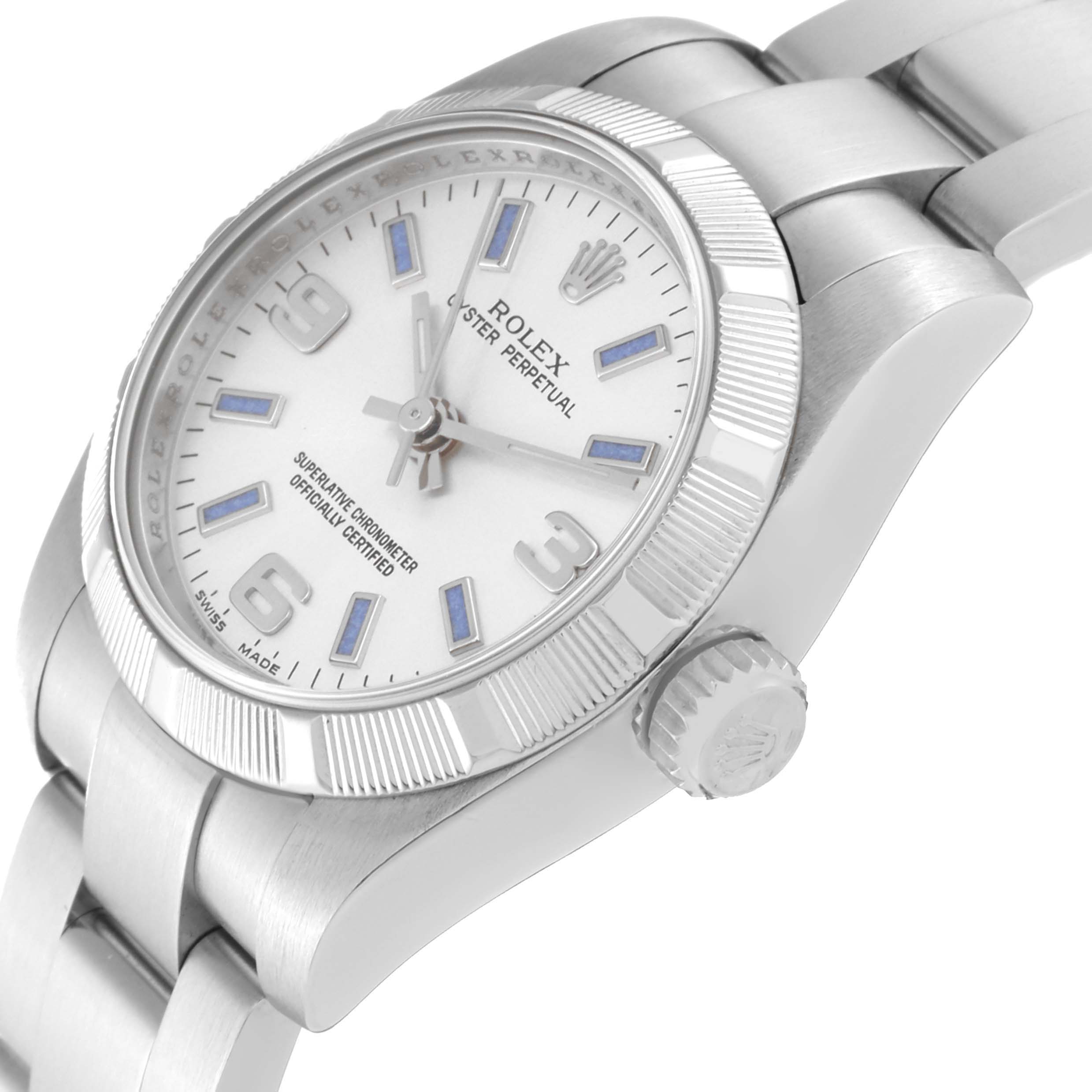 The image shows a side angle of a Rolex Oyster Perpetual 176210 Women's Stainless Steel Silver Dial 176210 Women's Stainless Steel Silver Dial watch highlighting the face, crown, and bracelet.