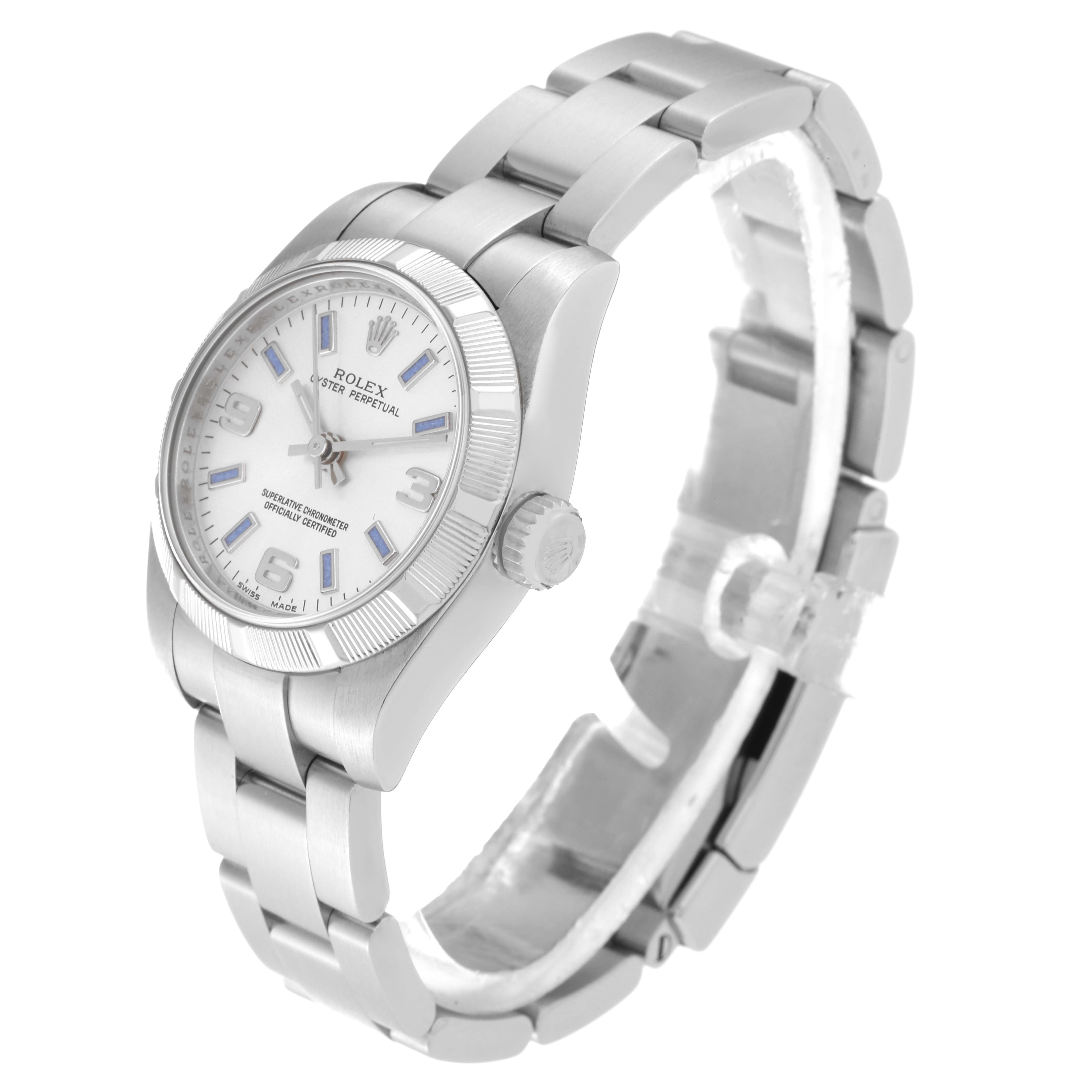 The Rolex Oyster Perpetual 176210 Women's Stainless Steel Silver Dial 176210 Women's Stainless Steel Silver Dial watch is shown at a three-quarter angle, highlighting its face, bezel, crown, and metal bracelet.