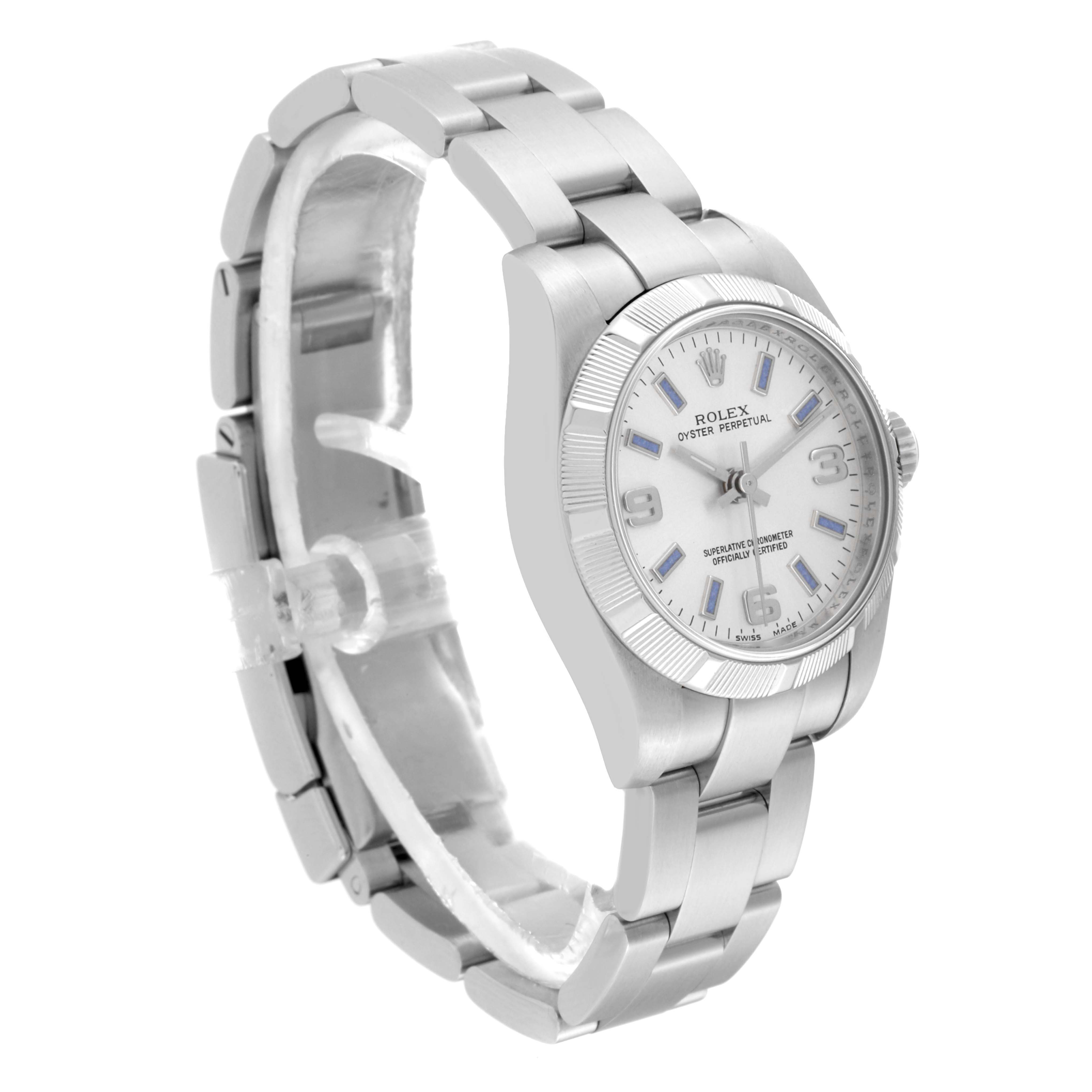 This Rolex Oyster Perpetual 176210 Women's Stainless Steel Silver Dial 176210 Women's Stainless Steel Silver Dial model is shown at a three-quarter angle, highlighting the bracelet, face, and bezel.