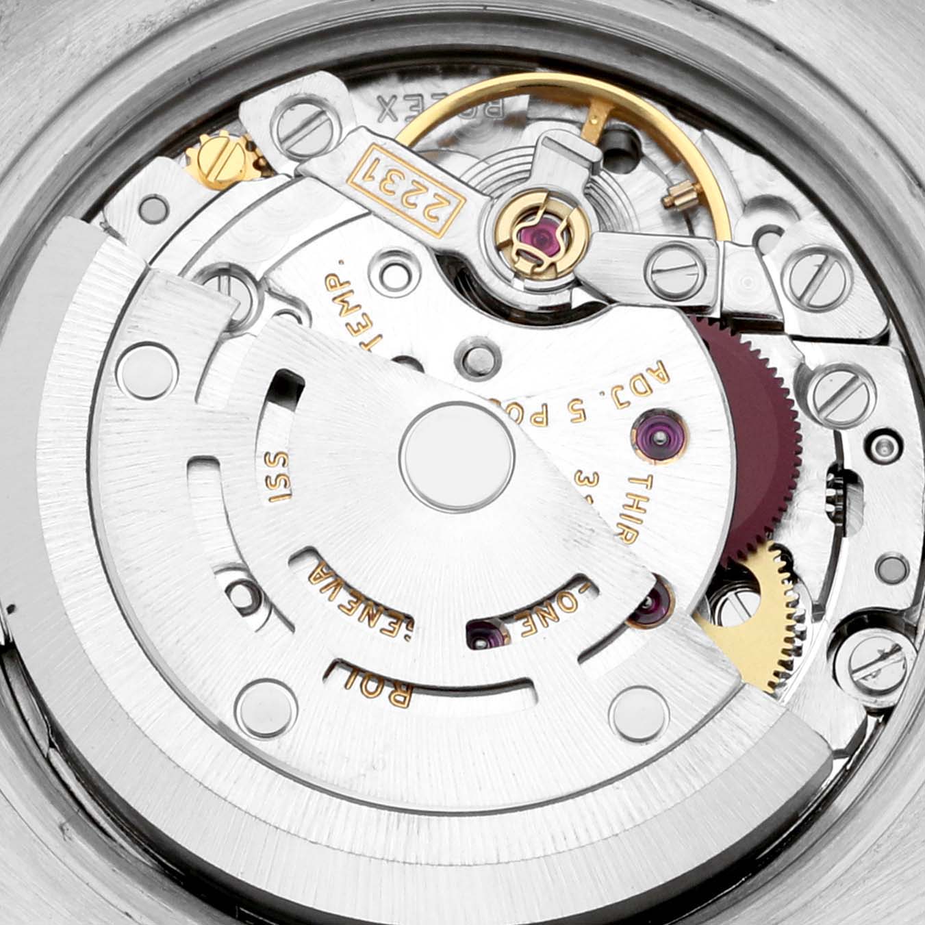 This image shows a close-up view of the movement mechanism inside a Rolex Oyster Perpetual 176210 Women's Stainless Steel Silver Dial 176210 Women's Stainless Steel Silver Dial watch.