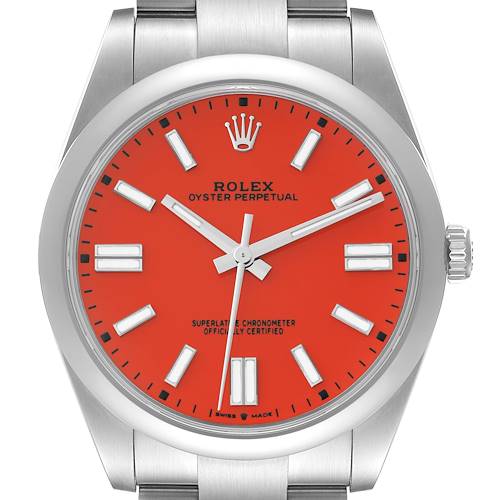The image shows a front view of the Rolex Oyster Perpetual 124300 Men's Stainless Steel Red Dial 124300 Men's Stainless Steel Red Dial watch with a vibrant red dial and stainless steel bracelet.