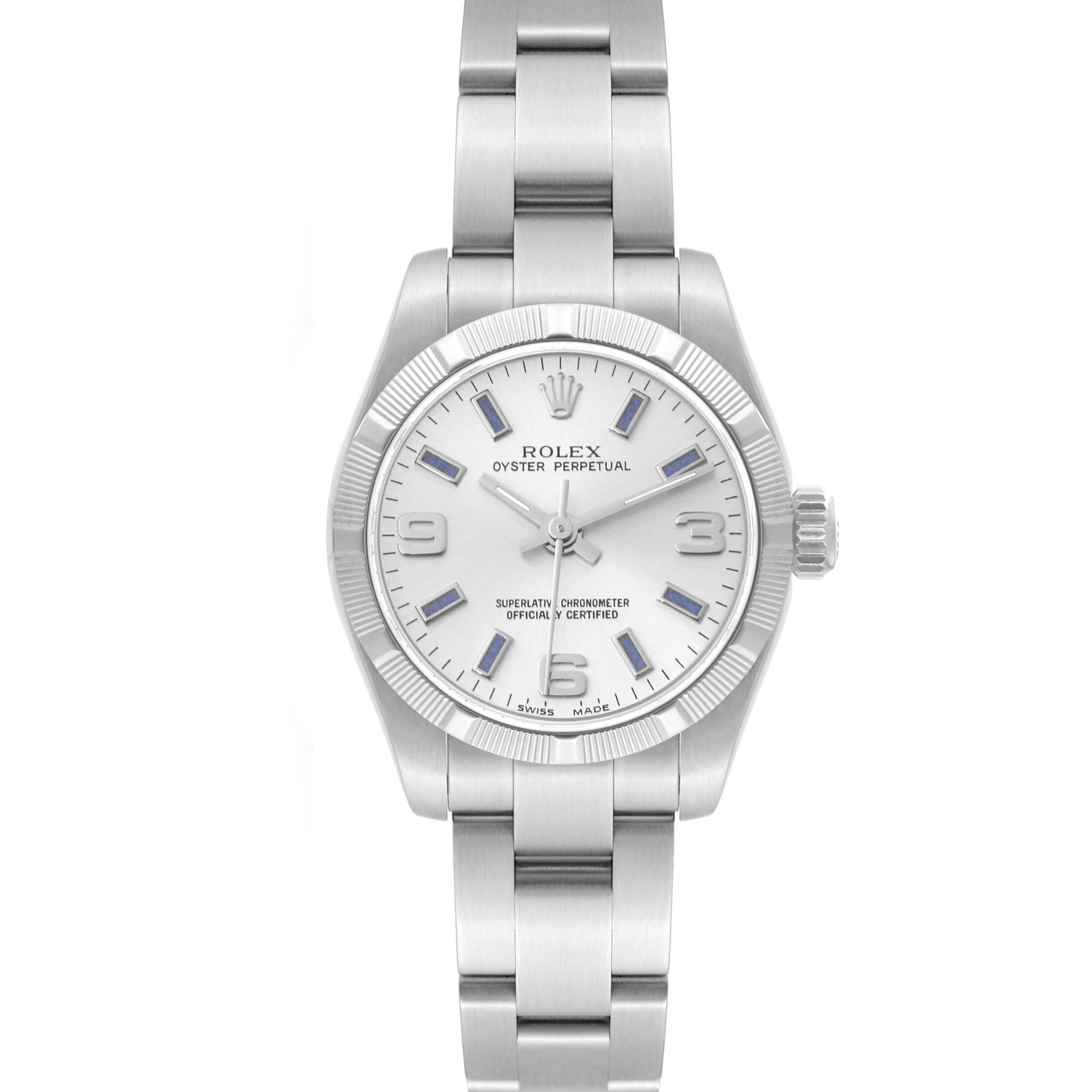 The Rolex Oyster Perpetual 176210 Women's Stainless Steel Silver Dial 176210 Women's Stainless Steel Silver Dial watch is shown from a top-down angle, displaying the dial, bezel, and bracelet.