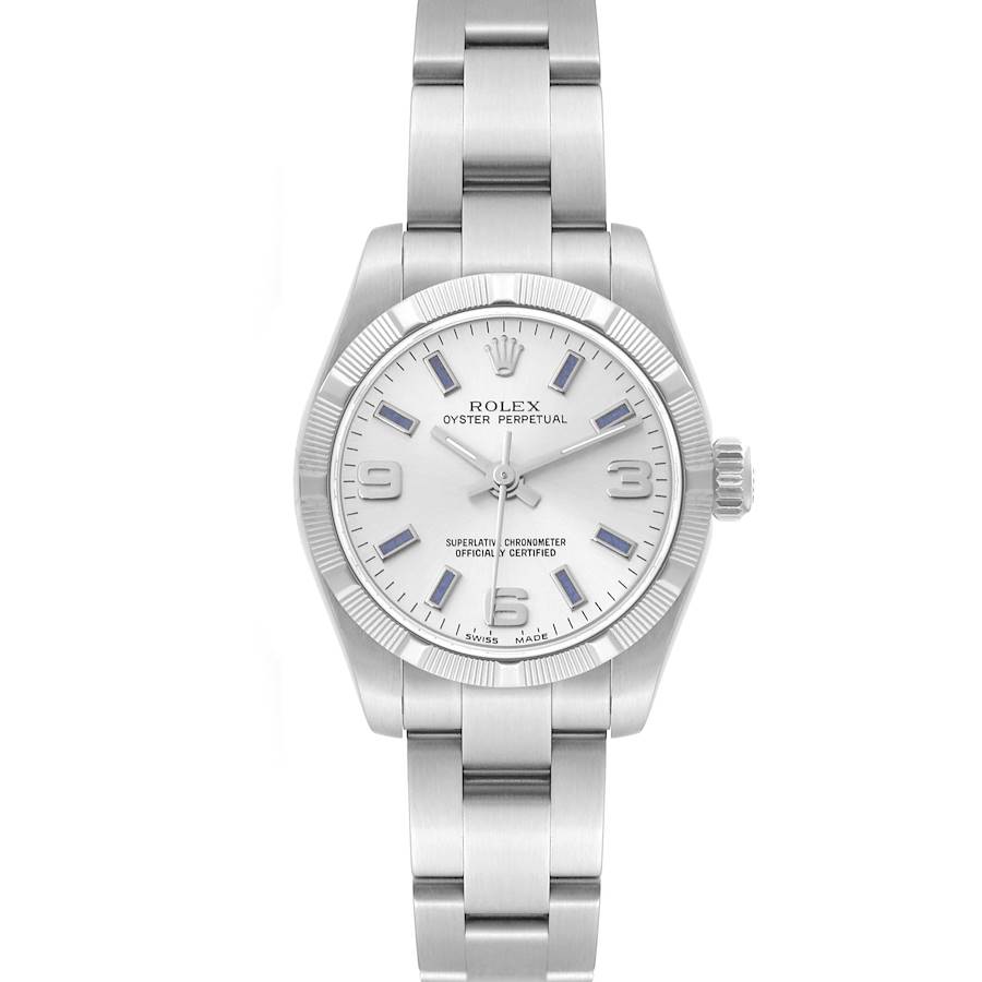 The Rolex Oyster Perpetual 176210 Women's Stainless Steel Silver Dial 176210 Women's Stainless Steel Silver Dial watch is shown from a top-down angle, displaying the dial, bezel, and bracelet.