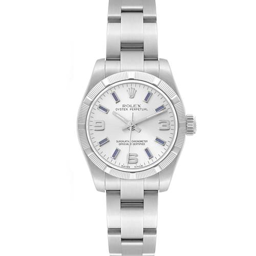The Rolex Oyster Perpetual 176210 Women's Stainless Steel Silver Dial 176210 Women's Stainless Steel Silver Dial watch is shown from a top-down angle, highlighting the face, bezel, and part of the bracelet.