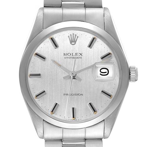 The Rolex Vintage Collection Men's Stainless Steel Silver Dial Men's Stainless Steel Silver Dial watch is shown from a front angle, featuring its dial, hands, markers, and part of the bracelet.