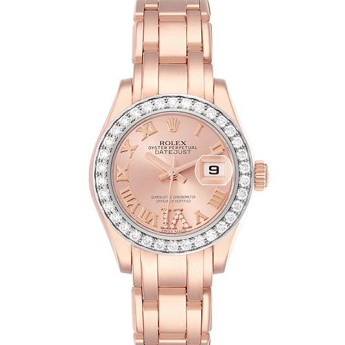 The Rolex Pearlmaster 80285 Women's Rose Gold Pink Dial 80285 Women's Rose Gold Pink Dial watch is shown from a top-down angle, highlighting its diamond-encrusted bezel and rose gold bracelet.